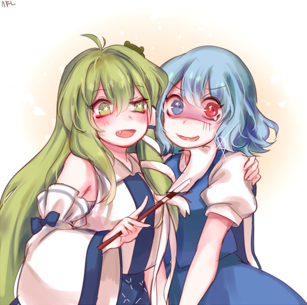 2girls :d ahoge arm_around_shoulder bare_shoulders beige_background blue_bow blue_eyes blue_hair blue_skirt blue_vest blush bow commentary detached_sleeves fang frog_hair_ornament gradient gradient_background green_eyes green_hair hair_ornament hair_tubes heterochromia holding kochiya_sanae long_hair long_sleeves looking_at_another looking_at_viewer multiple_girls open_mouth pale_face puffy_short_sleeves puffy_sleeves red_eyes shan shirt short_hair short_sleeves sidelocks skirt skirt_set smile snake_hair_ornament sparkle star star-shaped_pupils symbol-shaped_pupils tatara_kogasa tears touhou uneven_eyes v_arms very_long_hair vest white_background white_shirt wide_sleeves