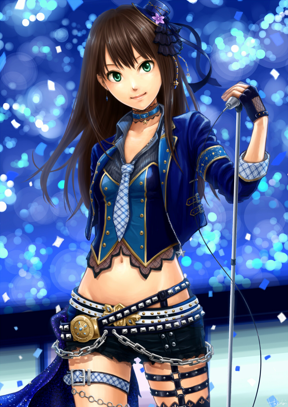 belt black_hair chain closed_mouth collarbone commentary_request cowboy_shot earrings eyebrows fingerless_gloves gloves green_eyes hair_ornament hakobi_(8kb) hand_up hat head_tilt highres idolmaster idolmaster_cinderella_girls idolmaster_cinderella_girls_starlight_stage jewelry long_hair looking_at_viewer microphone microphone_stand midriff mini_hat navel necktie over_myself_(idolmaster) shibuya_rin smile solo striped striped_neckwear