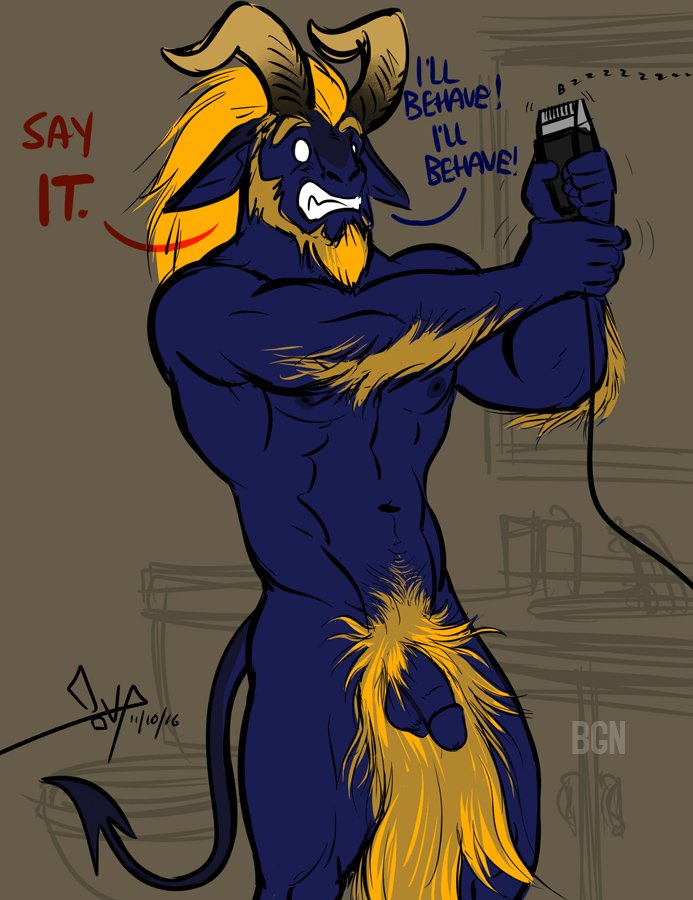 anthro bgn blue_body demon dialogue hairy holding_object horn invalid_tag male mammal muscular penis pubes solo uncut
