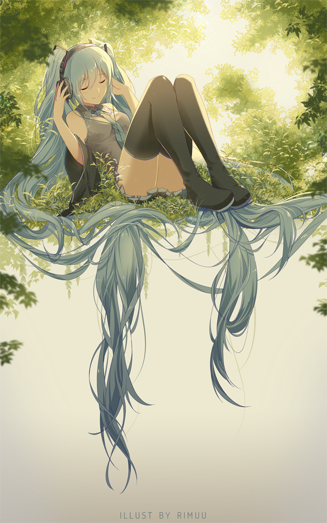 absurdly_long_hair aqua_hair aqua_neckwear artist_name backlighting bare_shoulders black_footwear black_legwear black_skirt boots breasts cable closed_eyes closed_mouth collared_shirt detached_sleeves eyebrows eyebrows_visible_through_hair full_body grey_shirt hair_ornament hatsune_miku headphones knees_up leaning_back legs_together listening_to_music long_hair long_sleeves md5_mismatch necktie plant rimuu shirt sitting skirt sleeveless sleeveless_shirt small_breasts smile solo thigh_boots thighhighs very_long_hair vocaloid wide_sleeves wing_collar