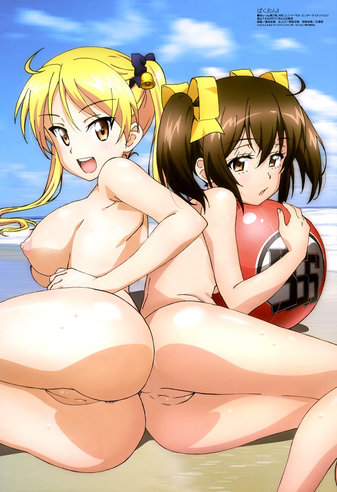 2girls anus ass back-to-back bakuon!! ball beach beachball bell bent_knees blonde_hair breasts brown_eyes brown_hair cloud hair_bell hair_ornament hair_ribbon highres huge_ass large_ass large_breasts long_hair looking_at_viewer lying multiple_girls nakano_chisame nipples nude nude_filter ocean on_side open_mouth outdoors photoshop pussy ribbon sideboob sky smile strap_gap suzunoki_rin thighs tied_hair twintails uncensored water wet