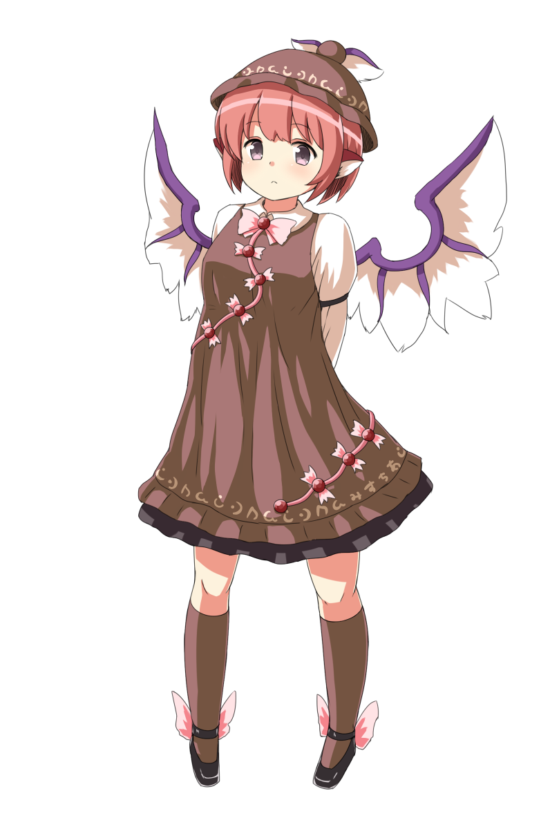 :&lt; animal_ears arm_garter arms_behind_back black_footwear bow bowtie brown_dress brown_hat brown_legwear dress full_body hat juliet_sleeves kneehighs long_sleeves looking_at_viewer mystia_lorelei phantom2071 pink_bow pink_hair pink_neckwear puffy_sleeves purple_eyes shoes short_hair simple_background solo touhou white_background winged_hat winged_shoes wings