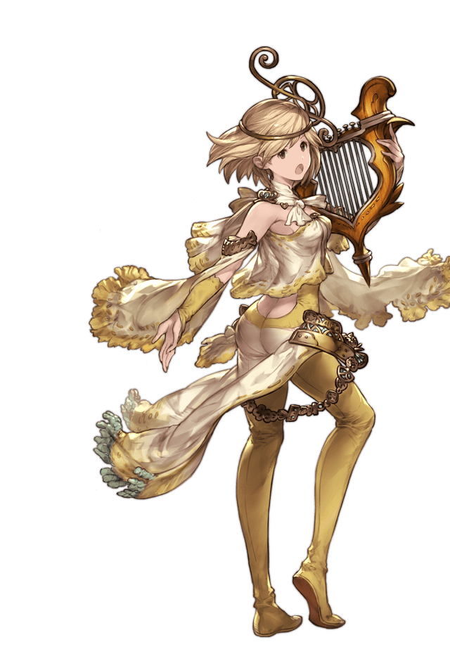 ass bare_shoulders blonde_hair brown_eyes capelet djeeta_(granblue_fantasy) dress full_body granblue_fantasy harp harpist_(granblue_fantasy) holding instrument jewelry looking_at_viewer looking_back minaba_hideo official_art open_mouth skin_tight solo tiara transparent_background