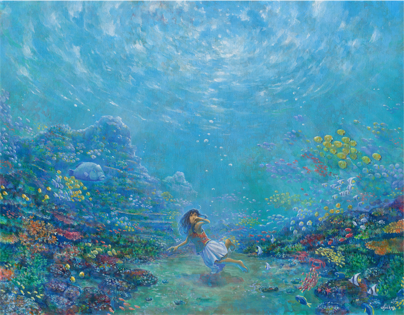 1girl acrylic_paint_(medium) air_bubble angelfish bare_arms barefoot black_hair bubble coral facing_viewer fish fisheye freediving long_hair looking_up ocean original red_shirt scenery school_of_fish shiraishi_takashi shirt signature skirt sleeveless sleeveless_shirt solo traditional_media underwater white_skirt