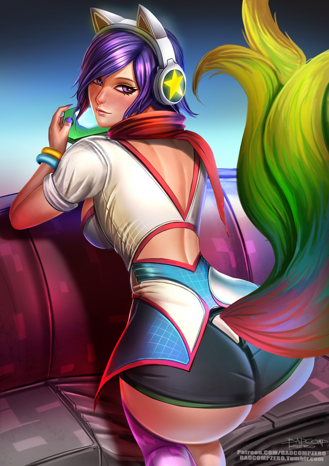 ahri arcade_ahri ass badcompzero bare_back breasts handheld_game_console headphones large_breasts league_of_legends looking_at_viewer looking_back multiple_tails pink_legwear purple_hair short_hair short_shorts shorts single_thighhigh solo tail thighhighs