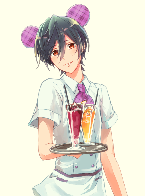 1boy bowtie drinks green_hair high_speed! kirishima_ikuya koala_ears looking_at_viewer male_focus raipanda red_eyes short_hair simple_background smile solo tray uniform waiter