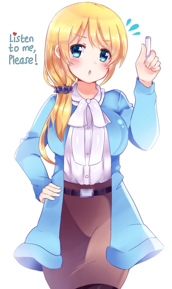 :o belt black_scrunchie blonde_hair blue_eyes blue_jacket breasts caucasian chalk ellen_baker english flying_sweatdrops hair_ornament hair_scrunchie hand_on_hip harurun_zw jacket large_breasts looking_at_viewer low_ponytail new_horizon non-asian open_mouth pantyhose scrunchie skirt solo