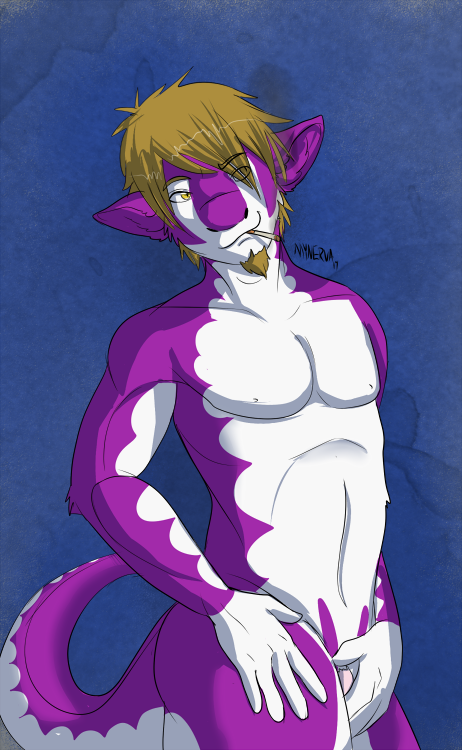 anthro cigarette facial_hair fur goatee hair looking_at_viewer male mynerva nude sergal smile solo