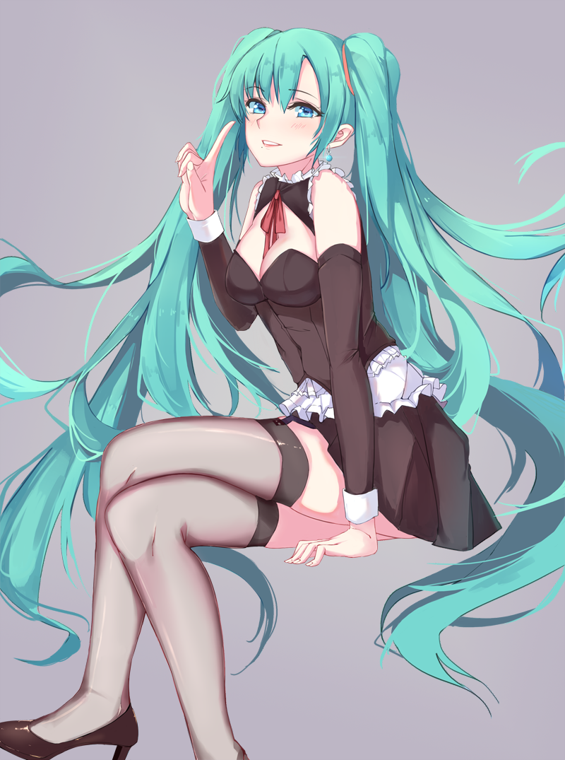 aqua_hair black_footwear black_skirt blue_eyes bow bowtie cleavage_cutout crossed_legs detached_sleeves earrings frills garter_straps grey_legwear hair_between_eyes hatsune_miku high_heels index_finger_raised jewelry lips long_hair looking_at_viewer mole mole_under_mouth muko_(kokia38) red_bow red_neckwear shoes sitting skirt smile solo thighhighs twintails very_long_hair vocaloid