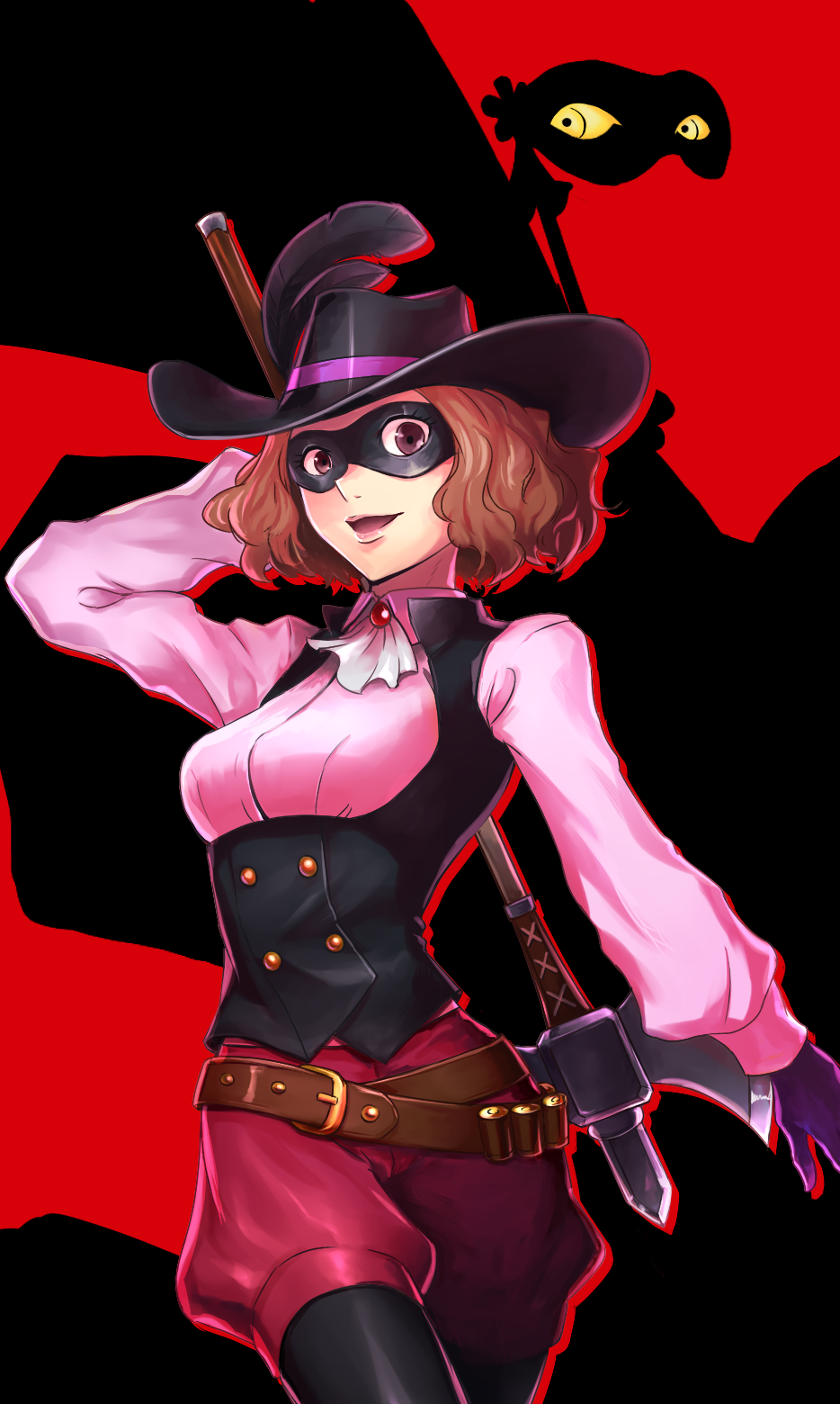 axe brown_hair domino_mask hat highres mask milady_(persona) nyaasora okumura_haru pantyhose persona persona_5 short_hair solo weapon