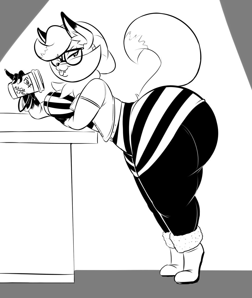 anthro beverage big_butt black_and_white bracelet breasts butt canine clothing coffee english_text eyewear fangs female fox foxy_(planet_coaster) glasses hair hat hoodah huge_butt jewelry mammal monochrome planet_coaster smile solo text tongue tongue_out vest voluptuous