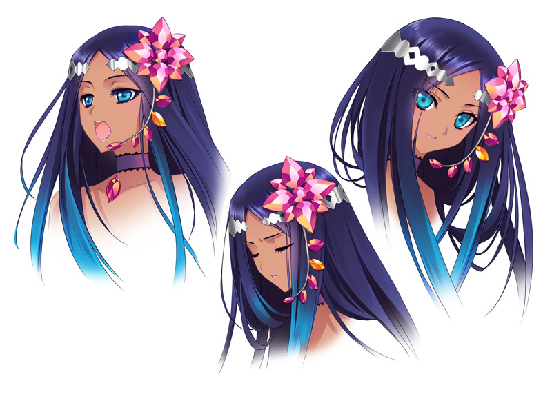 blue_eyes blue_hair carnelian closed_eyes collar concept_art dark_skin hair_ornament headset jewelry lips long_hair looking_at_viewer merli_(vocaloid) multicolored_hair multiple_views open_mouth purple_hair simple_background vocaloid white_background