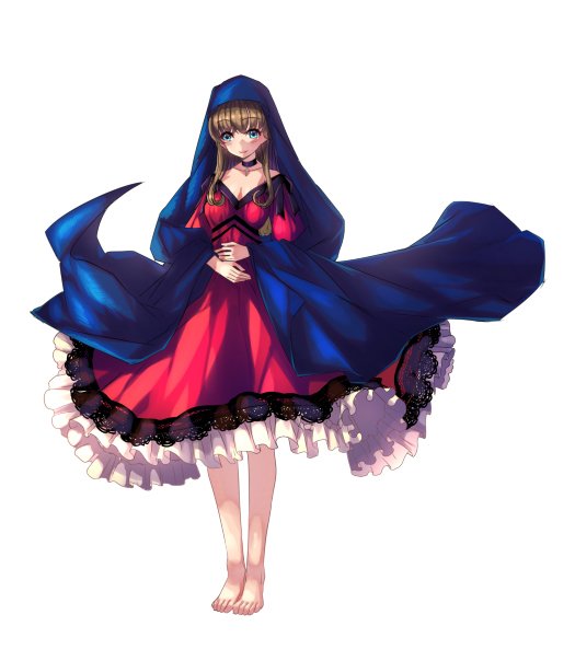 1girl barefoot blue_eyes blush breasts brown_hair christianity cross dress feet female frills full_body habit hands_on_chest kyara36 looking_at_viewer mythology necklace red_dress solo virgin_mary white_background