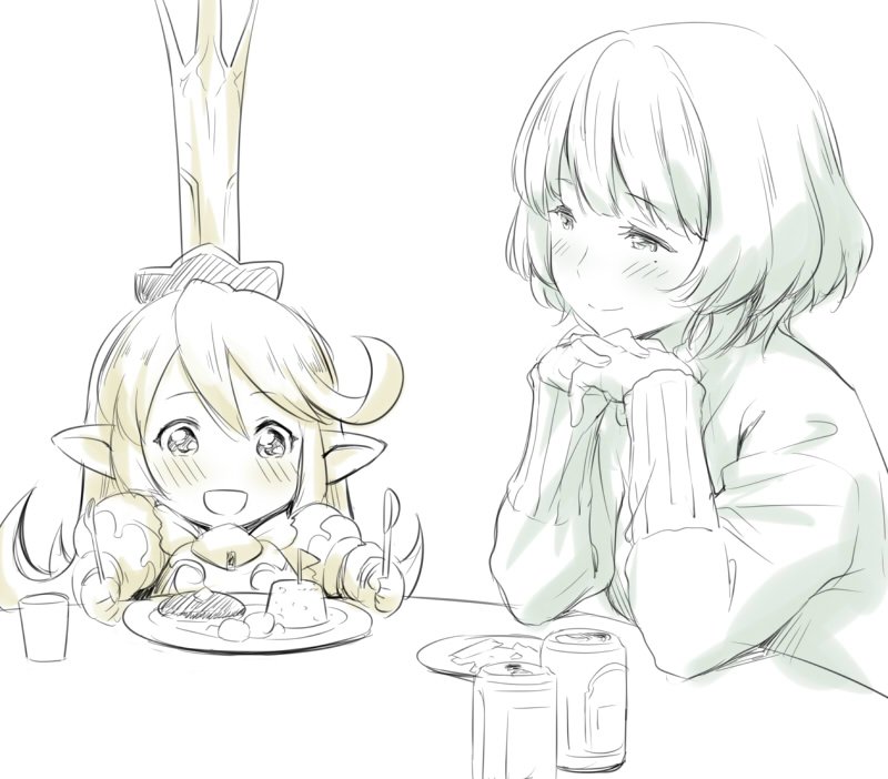 :d beer_can blush can charlotta_fenia commentary crossover crown cup food fork granblue_fantasy hands_clasped harvin idolmaster idolmaster_cinderella_girls jpeg_artifacts mole mole_under_eye monochrome multiple_girls okosama_lunch open_mouth own_hands_together plate pointy_ears sketch smile spoon table takagaki_kaede zanzi