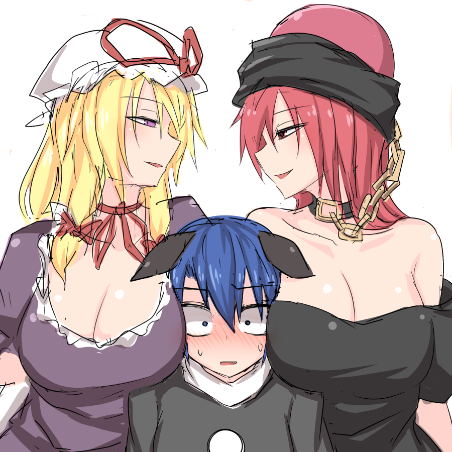 animal_ears between_breasts black_shirt blonde_hair blue_eyes blue_hair blush breast_smother breasts breasts_on_shoulders chain cleavage collar constricted_pupils doremy_sweet dress eyebrows eyebrows_visible_through_hair gap girl_sandwich hat hat_ribbon head_between_breasts head_scarf hecatia_lapislazuli kuroba_rapid large_breasts looking_at_another mob_cap mole mole_on_breast multiple_girls naughty_face no_hat no_headwear off-shoulder_shirt parted_lips polos_crown pom_pom_(clothes) purple_dress purple_eyes red_eyes red_hair ribbon sandwiched shirt short_hair simple_background smile sweat t-shirt tapir_ears touhou white_background yakumo_yukari