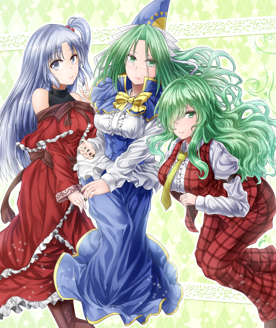 argyle argyle_background arm_garter bare_shoulders black_nails blouse blue_skirt bow bowtie breasts capelet closed_mouth corset dress dress_shirt fingernails framed_breasts frilled_dress frills green_eyes green_hair hair_bobbles hair_ornament hair_over_one_eye hat juliet_sleeves kazami_yuuka kazami_yuuka_(pc-98) large_breasts layered_dress leaning_forward light_smile lips long_hair long_skirt long_sleeves looking_at_viewer mima multiple_girls nail_polish necktie off-shoulder_dress off_shoulder open_clothes open_vest pants plaid plaid_skirt plaid_vest puffy_sleeves red_dress red_pants red_vest sash shinki shirt side_ponytail sidelocks silver_eyes silver_hair skirt skirt_set sleeveless sleeveless_turtleneck star touhou touhou_(pc-98) turtleneck underbust very_long_hair vest white_blouse white_shirt wizard_hat y2 yellow_bow yellow_neckwear