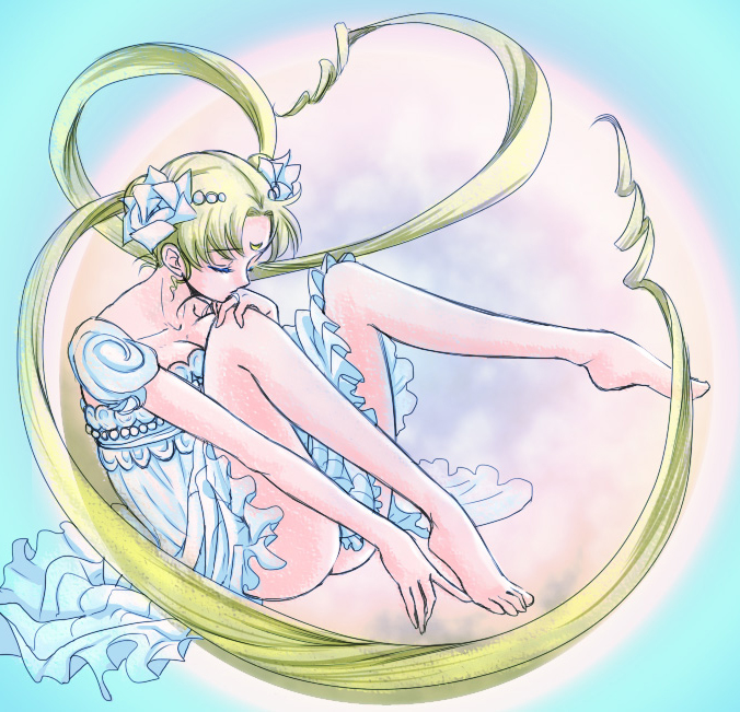 bare_legs barefoot bishoujo_senshi_sailor_moon blonde_hair closed_eyes dress fetal_position floating_hair flower full_body hair_flower hair_ornament hishou_kotatsu long_hair princess_serenity rose short_sleeves solo tsukino_usagi twintails very_long_hair white_dress white_flower white_rose