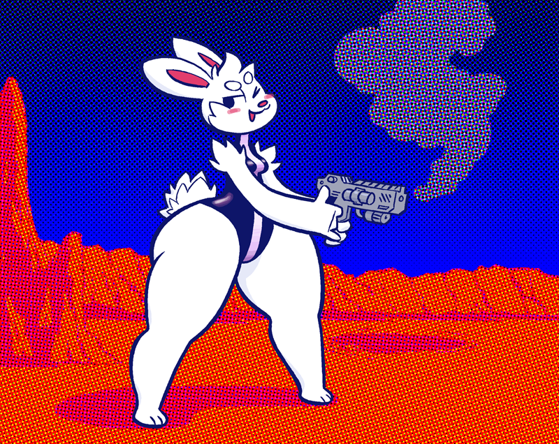 anthro big_butt blush breasts butt clothed clothing cupcake_(oriole) digital_media_(artwork) female gun half-closed_eyes leotard one_eye_closed open_mouth outside ranged_weapon shoulder_tuft small_breasts smoke solo standing thick_thighs tschak tuft weapon wide_hips