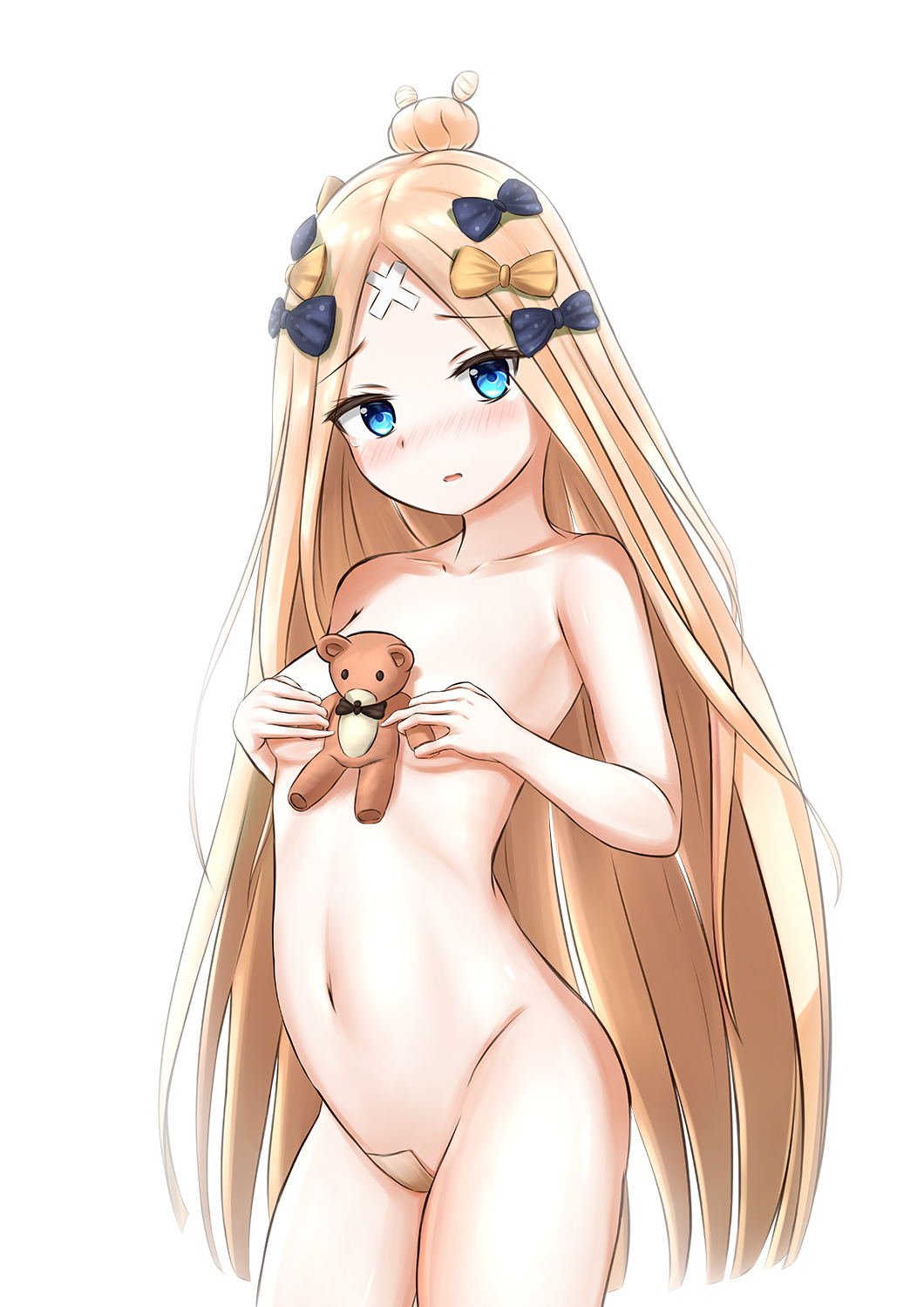 1girl abigail_williams_(fate/grand_order) alternate_hairstyle bandaid bandaid_on_forehead bandaid_on_pussy bangs black_bow blonde_hair blue_eyes blush bow breasts collarbone convenient_censoring crossed_bandaids fate/grand_order fate_(series) forehead hair_bow hair_bun hands_on_own_chest highres hips kirituka_yuuka long_hair looking_at_viewer navel nude open_mouth orange_bow parted_bangs parted_lips polka_dot polka_dot_bow simple_background small_breasts solo stuffed_animal stuffed_toy teddy_bear thighs white_background
