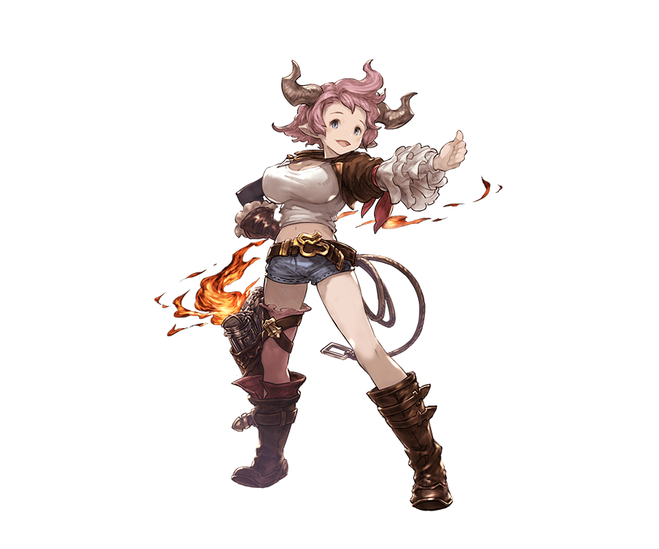 :d black_gloves blue_eyes boots brown_footwear draph elbow_gloves fire full_body gloves granblue_fantasy horns jewelry karva_(granblue_fantasy) minaba_hideo necklace official_art open_mouth pink_hair pink_legwear pointy_ears short_hair short_shorts shorts single_elbow_glove single_thighhigh smile solo thighhighs transparent_background