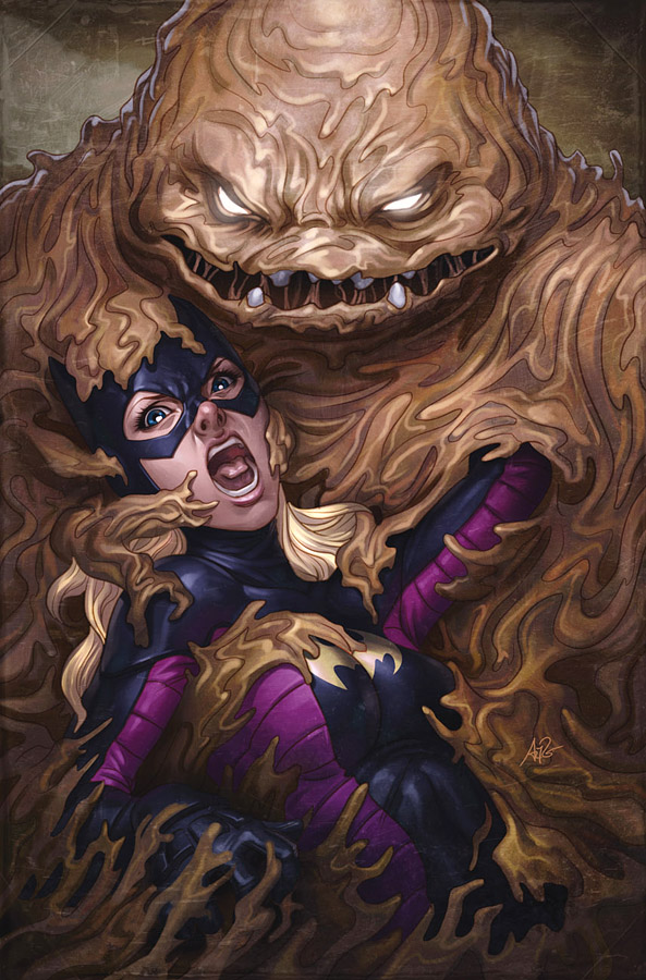 2010 artgerm batgirl batman_(series) beige_skin blonde_hair blue_eyes bodysuit clayface clothing empty_eyes female hair human interspecies mammal mask monster not_furry open_mouth skinsuit stephanie_brown tight_clothing tongue