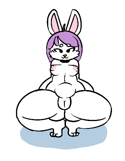 anthro bedroom_eyes breasts crouching cupcake_(oriole) female hair half-closed_eyes lagomorph looking_at_viewer lying mammal nipples nude on_back oriole_(artist) purple_hair pussy rabbit seductive simple_background small_breasts smile solo thick_thighs white_background