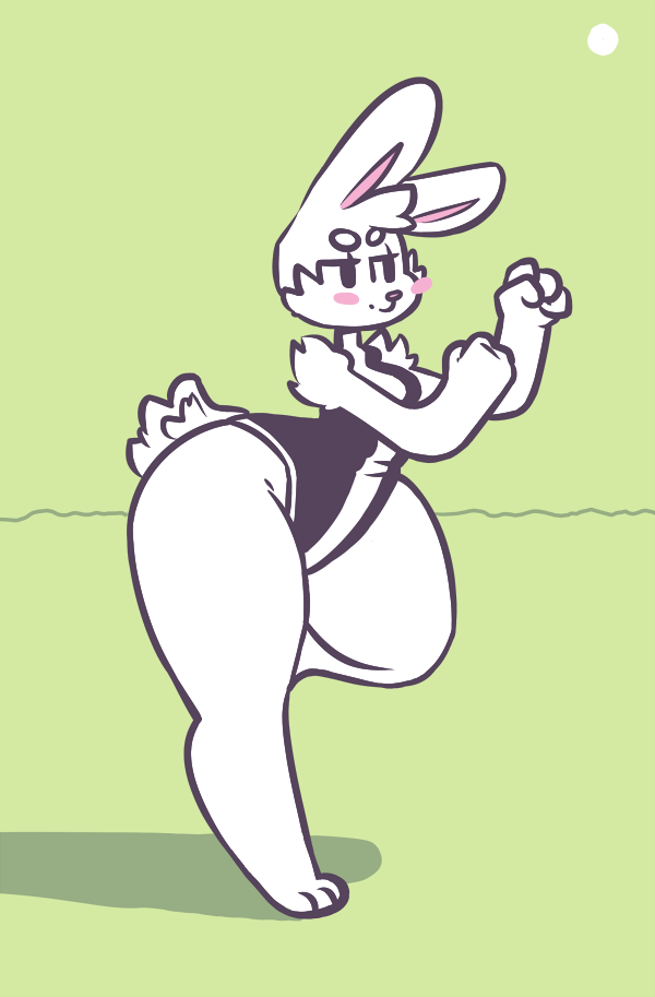 anthro blush breasts clothed clothing cupcake_(oriole) english_text female fist fur lagomorph leotard mammal model_sheet oriole_(artist) outside rabbit shoulder_tuft small_breasts smile solo standing sun text thick_thighs tuft white_fur wide_hips