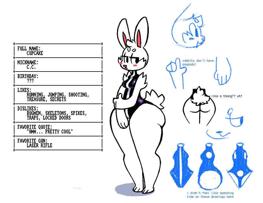 anthro big_butt blush breasts butt clothed clothing cupcake_(oriole) english_text female frown fur half-closed_eyes holding_arm lagomorph leotard mammal model_sheet open_mouth oriole_(artist) rabbit shoulder_tuft simple_background skimpy small_breasts smile solo standing text thick_thighs tuft white_background white_fur wide_hips