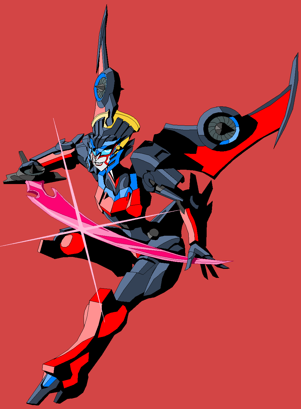 autobot blue_eyes cybertronian digital_media_(artwork) female hi_res holding_object holding_weapon humanoid lipstick machine makeup melee_weapon not_furry pose red_background robot simple_background smile solo transformers tyrranux weapon windblade wings