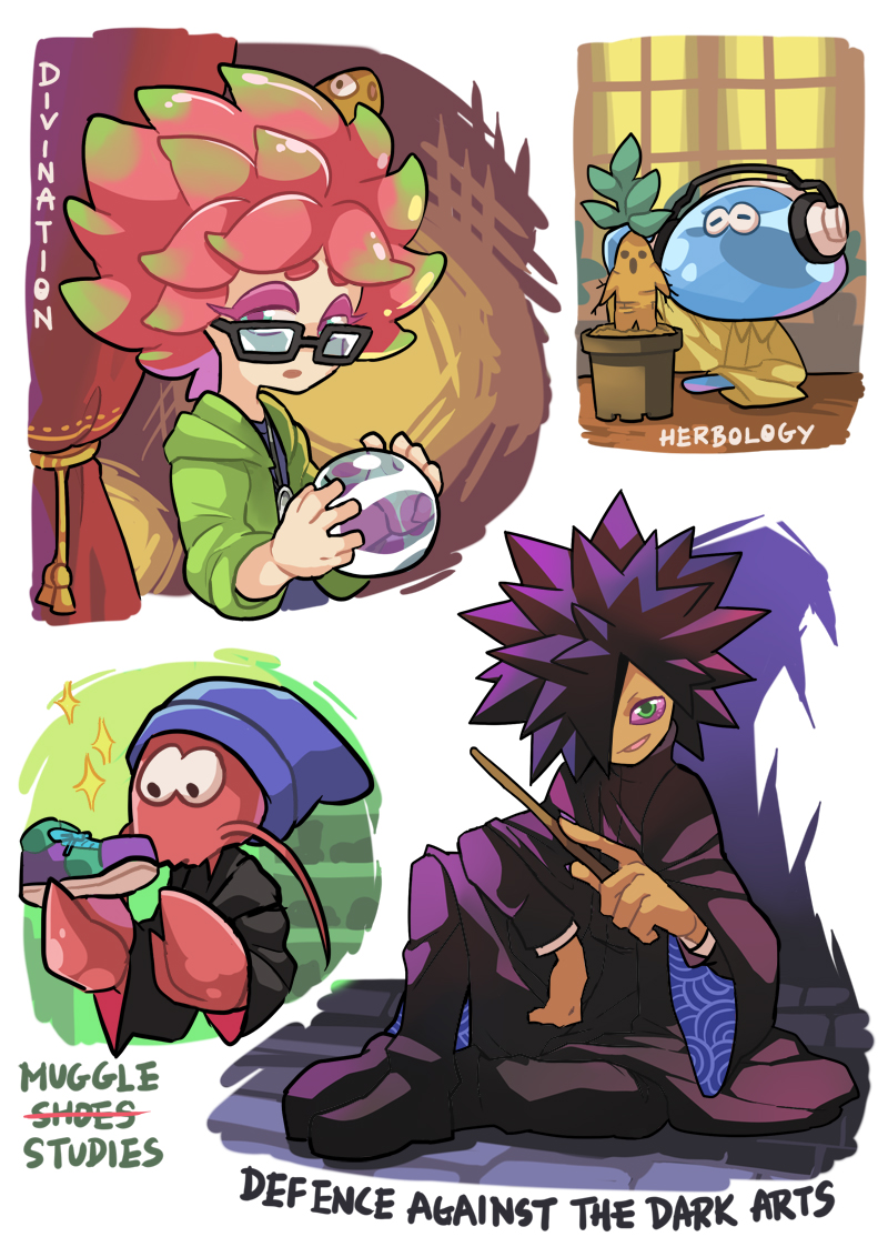 3boys anemo_(splatoon) beanie black-framed_eyewear black_hair blue_hat cosplay daunii_(splatoon) echizen_(splatoon) fish glass glasses globe goldfish green_eyes harry_potter hat headphones holding hood hoodie kumano_(splatoon) looking_at_viewer makeup mascara multiple_boys parted_lips pink_hair rob_(splatoon) robe school_uniform shoes sitting sparkle spiked_hair splatoon_(series) splatoon_1 tentacle_hair wand wong_ying_chee