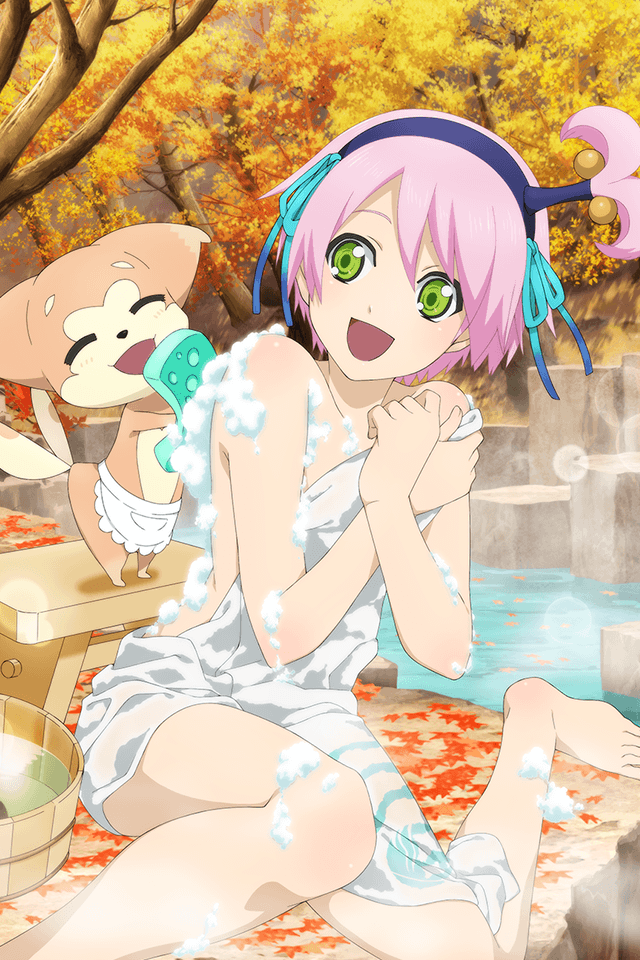 :d accessory animal apron autumn bucket female green_eyes hair_ribbons happy headband hot_springs kanonno_earhart leaves official_art pink_hair ribbons soap solo sponge tales_of_(series) tales_of_link tales_of_the_world_radiant_mythology_2 towel trees washing