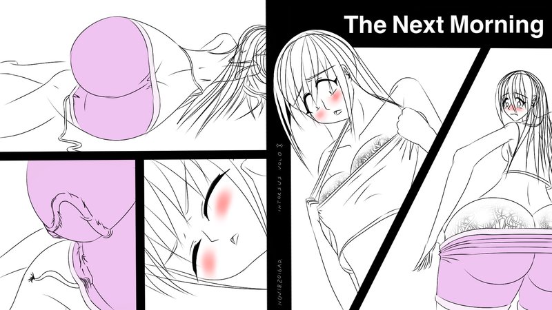 1girl anal ass blush breasts cleavage comic female hips infestation intorsus_volo long_hair midriff monochrome open_mouth original parasite shorts sleeping solo spot_color tank_top thighs unbirth worm worms
