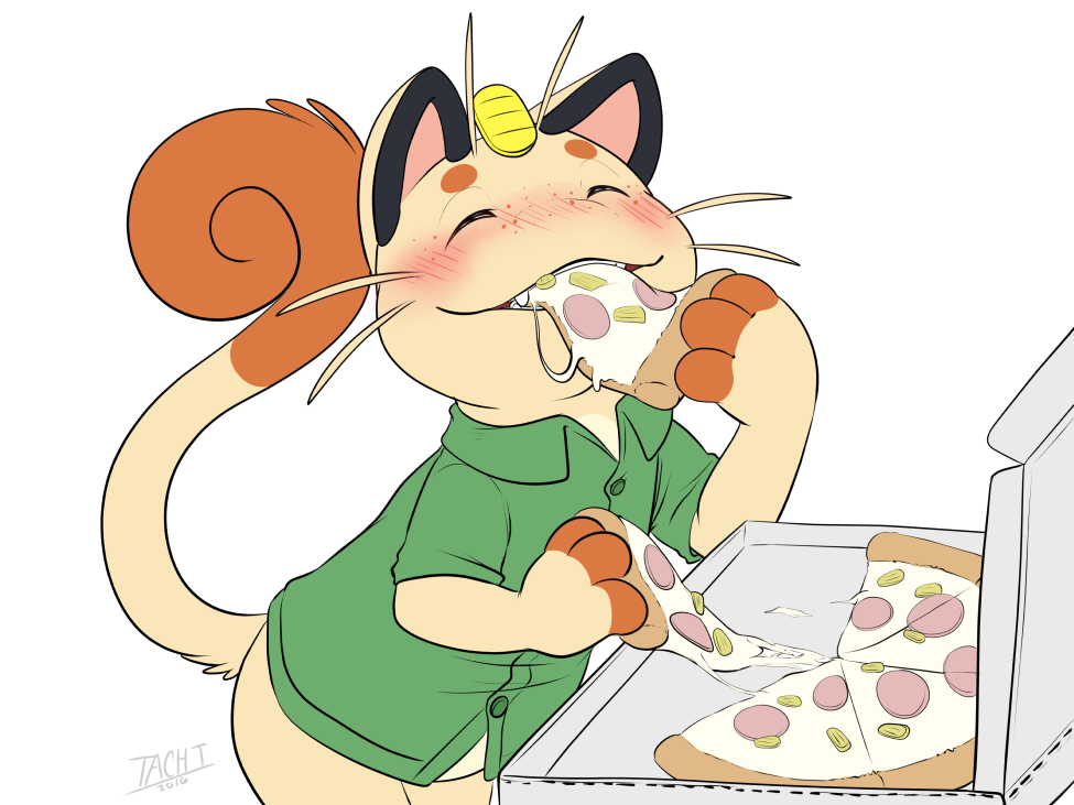 anthro blush bottomless clothed clothing eating eyes_closed feline flat_colors food freckles kaptcha male mammal meowth nintendo pizza pok&eacute;mon raised_tail signature smile solo tachi_(kaptcha) video_games whiskers