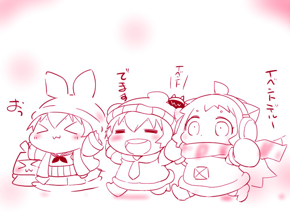 &gt;_&lt; :3 =_= animal_ears beanie bunny_ears chibi closed_eyes coat commentary_request earmuffs enemy_aircraft_(kantai_collection) hat horns kantai_collection long_hair mittens monochrome multiple_girls northern_ocean_hime open_clothes open_coat open_mouth outstretched_arms pleated_skirt rensouhou-chan sako_(bosscoffee) scarf shimakaze_(kantai_collection) short_hair sitting sitting_on_head sitting_on_person sketch skirt smile spread_arms translation_request winter_clothes winter_coat x3 yukikaze_(kantai_collection)