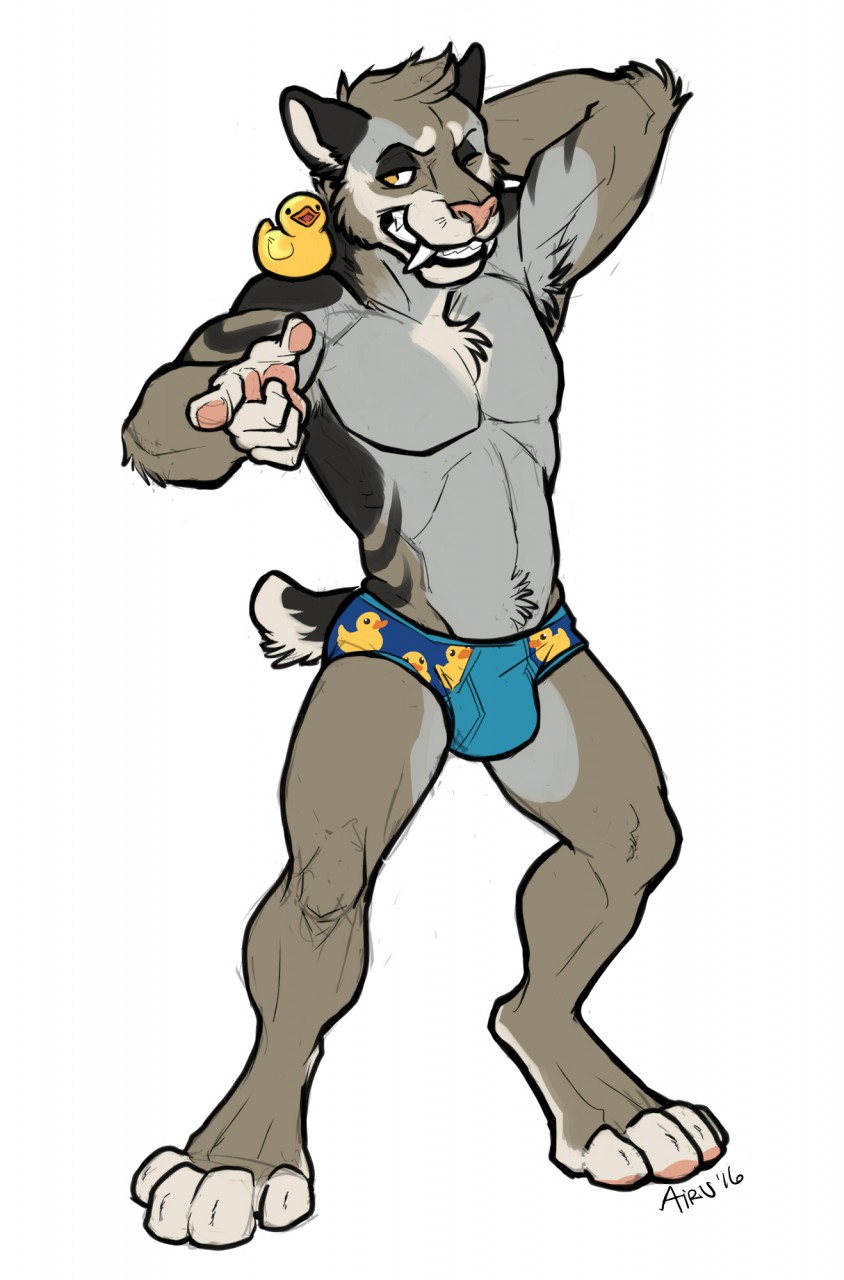 2016 4_toes 5_fingers airu anthro armpit_hair black_fur black_tail briefs bulge chest_tuft clothed clothing digital_media_(artwork) digitigrade fangs feline front_view full-length_portrait fur grey_fur grey_tail hand_behind_head hi_res looking_at_viewer male mammal multicolored_fur one_eye_closed orange_eyes pink_nose pointing portrait rubber_duck saber-toothed_cat sabertooth_(feature) short_tail signature simple_background small_tail smile smirk solo standing teeth toeless_(marking) toes topless tuft underwear white_background wink