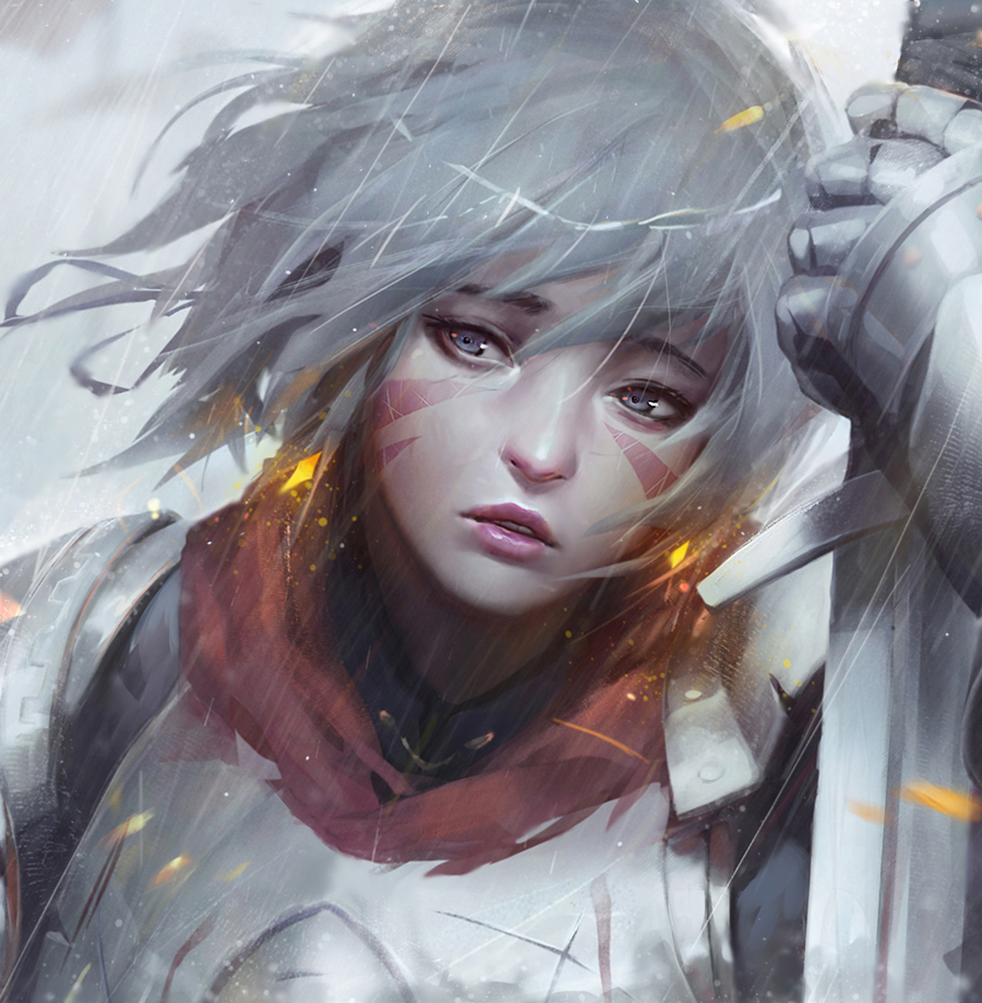 armor bangs blue_eyes breastplate commentary earrings english_commentary expressionless facepaint facial_mark gauntlets glowing grey_hair guweiz hair_between_eyes holding holding_sword holding_weapon ilya_kuvshinov_(style) jewelry lips looking_afar nose original outdoors parted_lips pink_lips rain red_scarf scarf short_hair solo sword teeth unsheathed upper_body water weapon whisker_markings