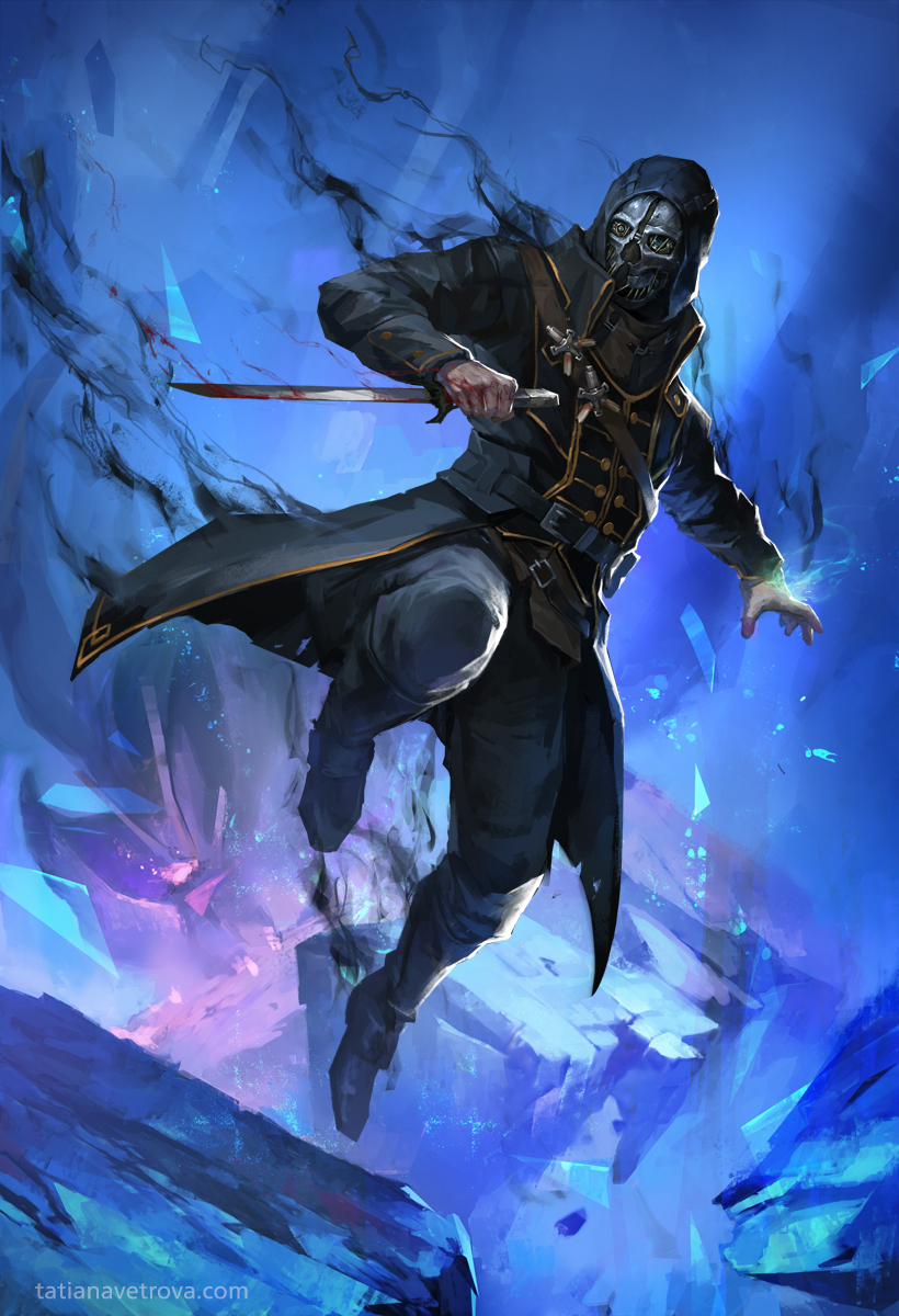 1boy belt blood brown_eyes brown_hair buttons coat corvo_attano dishonored hood male_focus mask solo sword watermark weapon