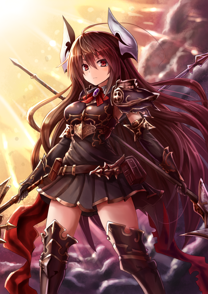 ahoge armor armpits belt_pouch black_dress black_gloves black_legwear breastplate breasts brooch brown_hair closed_mouth commentary cowboy_shot draph dress dual_wielding elbow_gloves forte_(shingeki_no_bahamut) gloves granblue_fantasy holding holding_weapon horns jewelry lance long_hair looking_at_viewer neck_ribbon pauldrons polearm pouch red_eyes red_ribbon ribbon serious shadowverse shingeki_no_bahamut short_dress small_breasts solo sumapan thighhighs vambraces very_long_hair weapon
