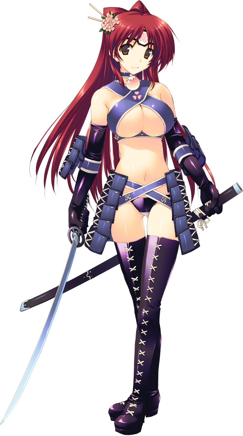 amazuyu_tatsuki arm_strap armor ass_visible_through_thighs bare_shoulders belt bikini_armor black_footwear black_gloves black_legwear boots breasts brown_eyes center_opening choker cleavage cleavage_cutout closed_mouth criss-cross_halter crop_top cross-laced_footwear elbow_gloves flower full_body gloves hair_ornament hair_stick halter_top halterneck headband highres holding holding_sheath holding_sword holding_weapon japanese_armor katana kousaka_tamaki kusazuri large_breasts legs_together light_smile long_hair looking_at_viewer navel official_art orb pink_flower red_hair sheath shiny shiny_skin shoulder_armor smile sode solo standing straight_hair studded_belt sword thigh_boots thigh_gap thighhighs to_heart_2 to_heart_2_dungeon_travelers transparent_background underboob underbust unsheathed very_long_hair weapon