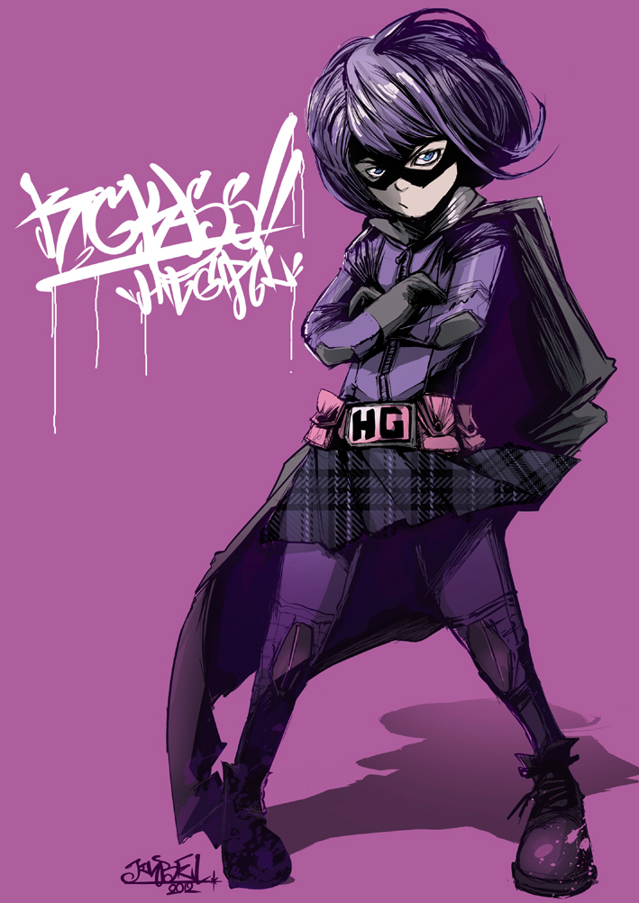 belt black_gloves blue_eyes bob_cut boots cape crossed_arms domino_mask frown full_body gloves hit-girl jacket jinbei kick-ass mask plaid plaid_skirt pouch purple_hair serious skirt solo superhero