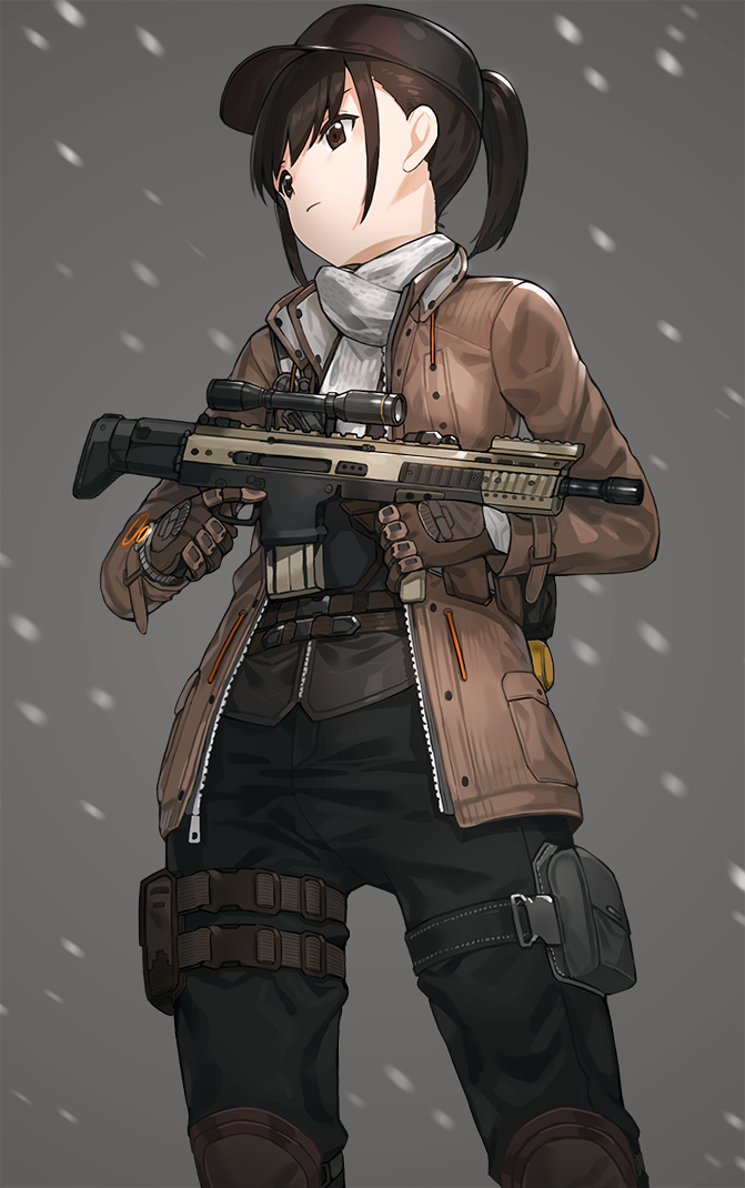 assault_rifle baseball_cap brown_eyes brown_hair commentary fn_scar gloves grey_background gun hat holding holding_weapon jacket kfr md5_mismatch pants ponytail rifle scarf scope snow solo thigh_strap tom_clancy's_the_division trigger_discipline unzipped weapon