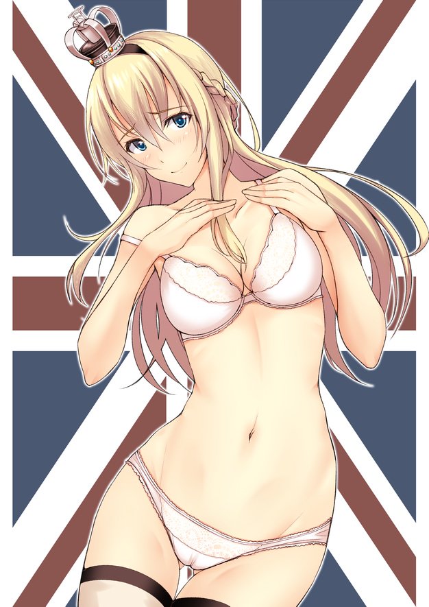 ass_visible_through_thighs blonde_hair blue_eyes bra braid breasts cameltoe collarbone commentary_request crown england eyebrows eyebrows_visible_through_hair flag_background french_braid hair_between_eyes hands_on_own_chest kantai_collection kuurunaitsu long_hair looking_at_viewer medium_breasts mini_crown navel outline panties smile solo thighhighs underwear underwear_only union_jack united_kingdom warspite_(kantai_collection) white_bra white_legwear white_outline white_panties