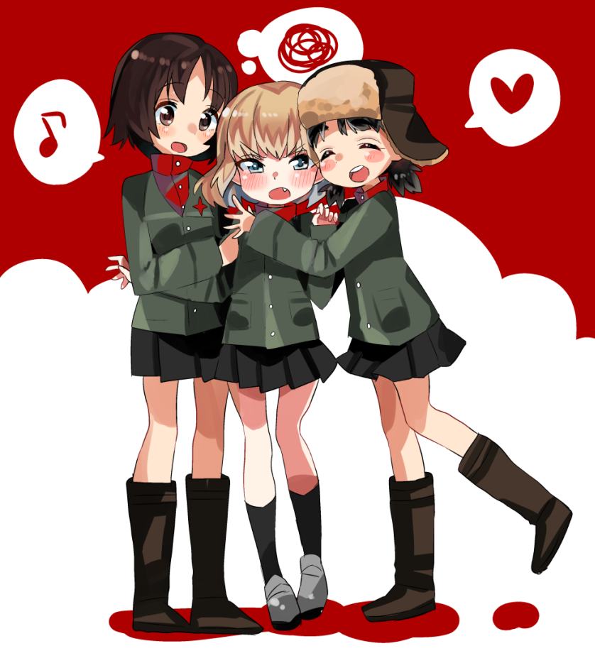alina_(girls_und_panzer) black_hair blonde_hair blue_eyes blush blush_stickers boots brown_eyes brown_hair closed_eyes eighth_note fang fur_hat girl_sandwich girls_und_panzer hat heart hug katyusha military military_uniform multiple_girls musical_note nina_(girls_und_panzer) open_mouth pravda_school_uniform sandwiched speech_bubble spoken_heart spoken_musical_note squiggle sunameri_oishii thought_bubble twintails uniform ushanka