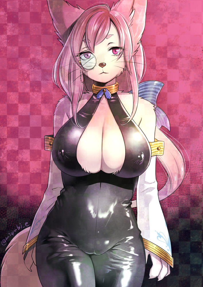 2016 abstract_background anthro black_nose bodysuit breasts camel_toe cat cleavage clothed clothing detached_sleeves eyebrows eyelashes eyewear feline female front_view fur hair kiichi long_hair looking_at_viewer mammal monocle nipple_bulge pink_eyes pink_fur pink_hair skinsuit solo tight_clothing whiskers