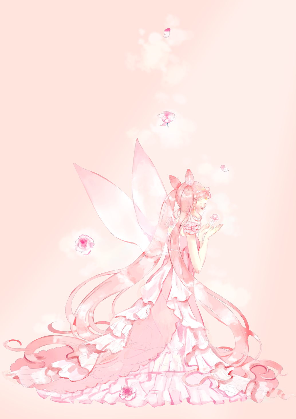 bishoujo_senshi_sailor_moon chibi_usa closed_eyes double_bun dress floating floating_object flower highres long_hair motituki0 pink pink_background pink_dress pink_flower pink_hair pink_rose rose small_lady_serenity solo transparent transparent_wings twintails very_long_hair