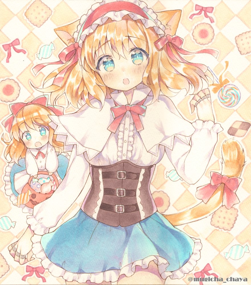 adapted_costume alice_margatroid animal_ears apron aqua_eyes argyle argyle_background bangs basket blonde_hair blue_skirt blush breasts brown_background candy capelet carrying cat_ears colored_eyelashes cookie corset cowboy_shot eyebrows eyebrows_visible_through_hair food frilled_skirt frills hair_between_eyes hairband hands head_tilt kemonomimi_mode lollipop long_sleeves looking_at_viewer miniskirt mugicha_(mugicha0929) open_mouth puppet_rings ribbon shanghai_doll shiny shiny_hair shirt skirt small_breasts solo touhou twitter_username waist_apron white_background white_shirt