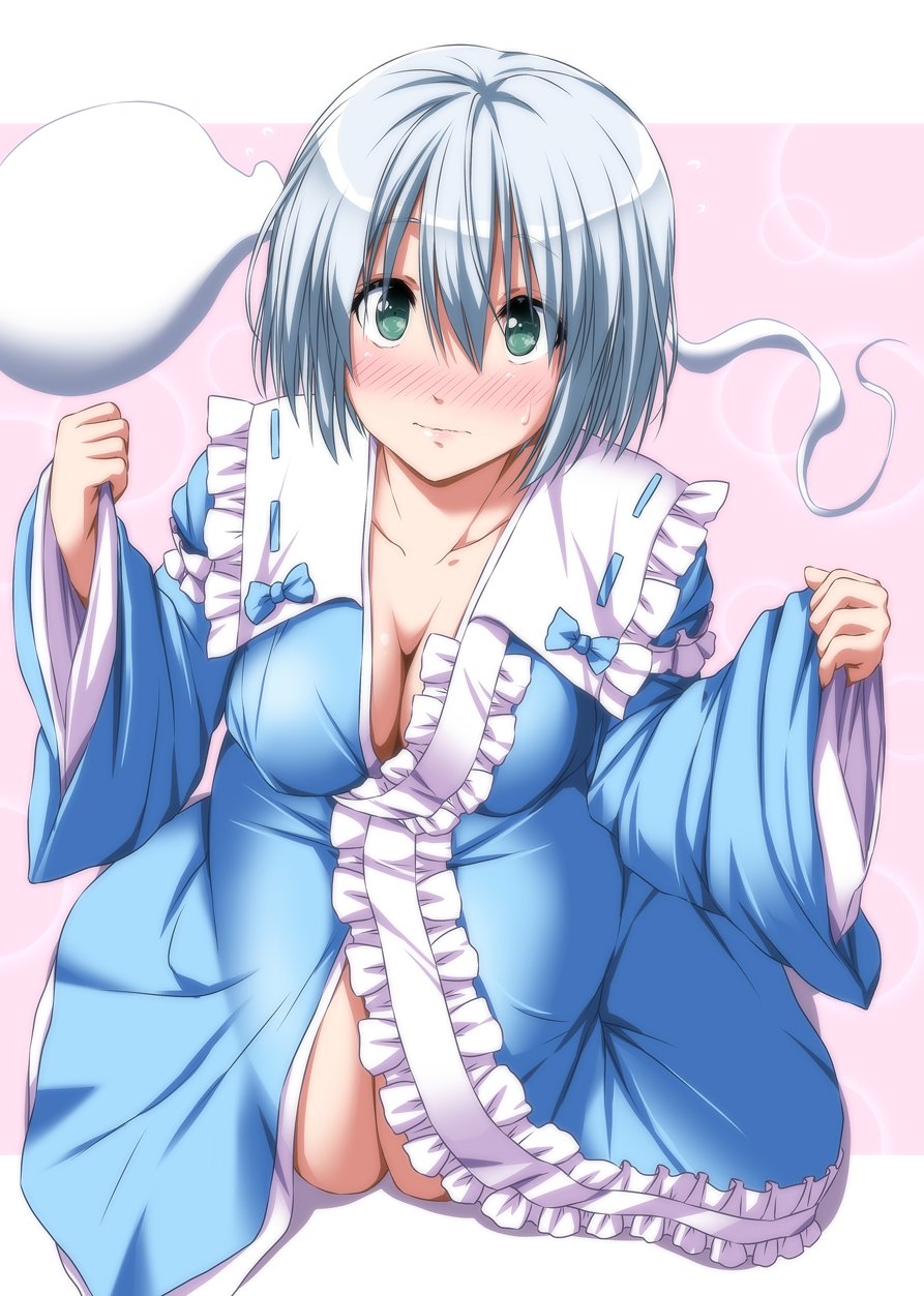 blue_kimono blush breasts check_commentary cleavage closed_mouth collarbone commentary_request cosplay downblouse frilled_kimono frilled_shirt_collar frills green_eyes hair_between_eyes highres japanese_clothes kimono kneeling konpaku_youmu konpaku_youmu_(ghost) leaning_forward long_sleeves looking_at_viewer medium_breasts nori_tamago nose_blush oversized_clothes saigyouji_yuyuko saigyouji_yuyuko_(cosplay) short_hair silver_hair solo sweat touhou wide_sleeves
