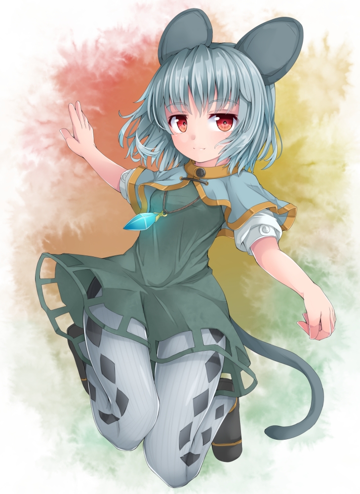 animal_ears argyle argyle_legwear black_footwear capelet cutout dress full_body grey_dress grey_hair grey_legwear jewelry looking_at_viewer mouse_ears mouse_tail nazrin pantyhose pendant puffy_short_sleeves puffy_sleeves red_eyes shoes short_hair short_sleeves smile solo tail touhou uumaru