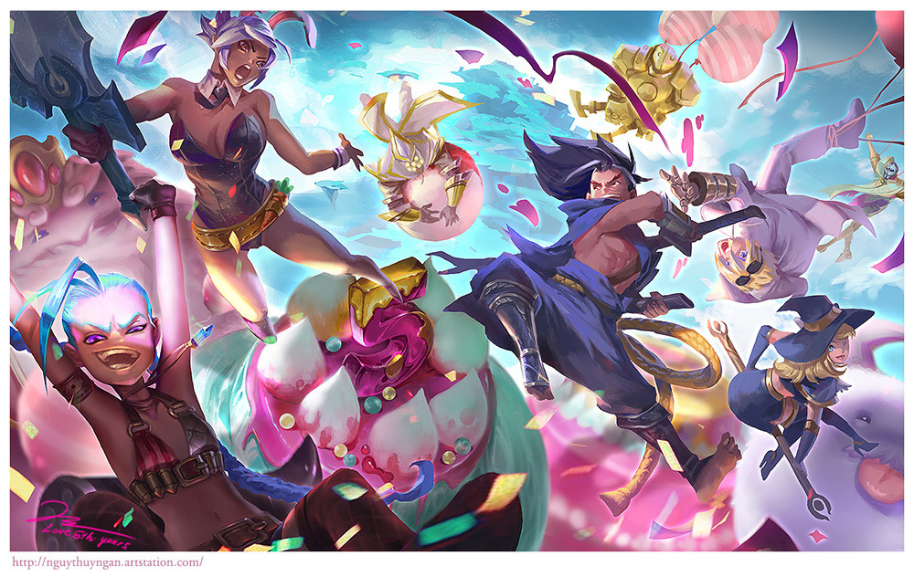 3girls 4boys 5 abs animal_ears armband balloon belt belt_buckle black_eyes black_gloves black_hair black_neckwear blitzcrank blonde_hair blue_eyes blue_hair bracer buckle bullet bunny_ears cake candy carrot confetti crown elbow_gloves extra_eyes eyewear_on_head ezreal facial_hair falling fingerless_gloves fishnets floating food formal gem gloves grey_hair hands_up hat high_heels holding holding_sword holding_weapon horns icing jewelry jinx_(league_of_legends) katana league_of_legends leotard long_hair luxanna_crownguard mask master_yi medium_hair multiple_boys multiple_girls muscle mustache necklace necktie nguy_thuy_ngan no_shoes number open_mouth ponytail poro_(league_of_legends) purple_eyes purple_gloves red_eyes riven_(league_of_legends) robot scabbard scar scratches sheath short_hair signature silver_hair sitting suit sunglasses sword tongue tongue_out twintails weapon white_legwear white_suit witch witch_hat yasuo_(league_of_legends)