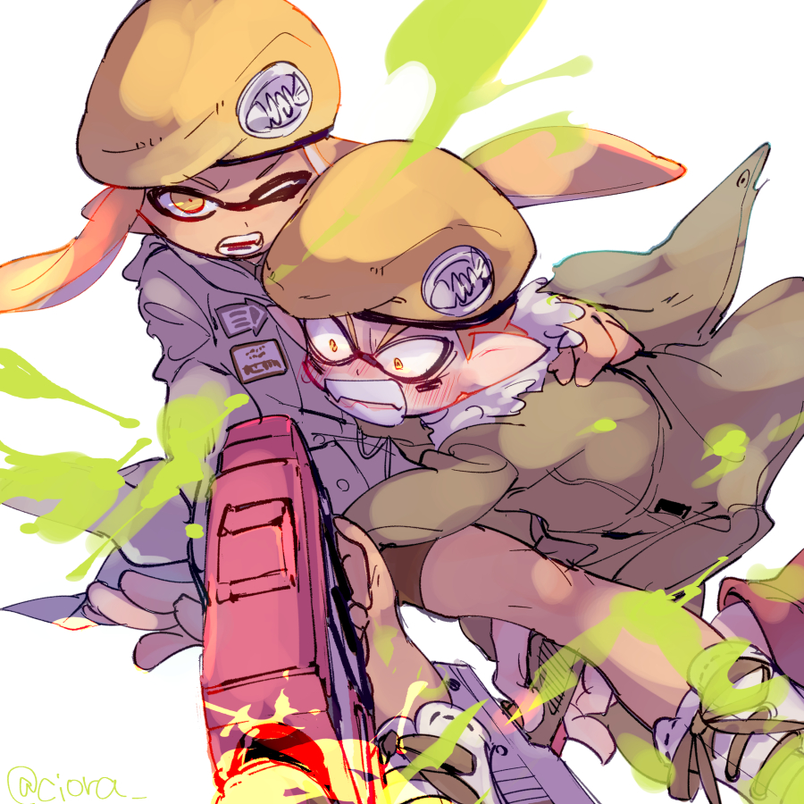 1girl army-kun_(splatoon) bangs beret black_shorts blush coat constricted_pupils dark_skin domino_mask emblem facepaint fangs fish forge-chan_(splatoon) grimace ground_vehicle hat inkling long_hair looking_at_viewer mask military military_vehicle motor_vehicle n-zap_(splatoon) orange_eyes orange_hair parted_lips pointy_ears rapid_blaster_(splatoon) rescue serizawa_nae shoes short_hair shorts simple_background sneakers splatoon_(manga) splatoon_(series) splatoon_1 standing straight-laced_footwear tackle tank tentacle_hair twitter_username white_background